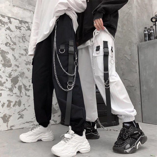 ジョガーパンツ テーパードパンツ チェーン ストリート カーゴパンツ黒