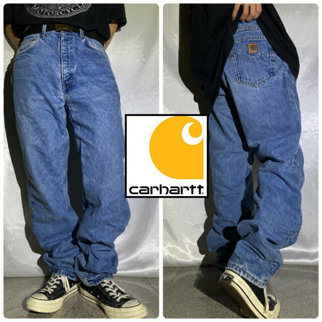 Carhartt カーハート 革ロゴ ストレート デニムパンツ インディゴブルー