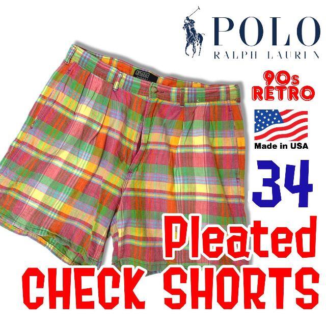 POLO RALPH LAUREN(ポロラルフローレン)の90s USA製 ポロ ラルフローレン ツータック チェックショーツ 34  メンズのパンツ(ショートパンツ)の商品写真