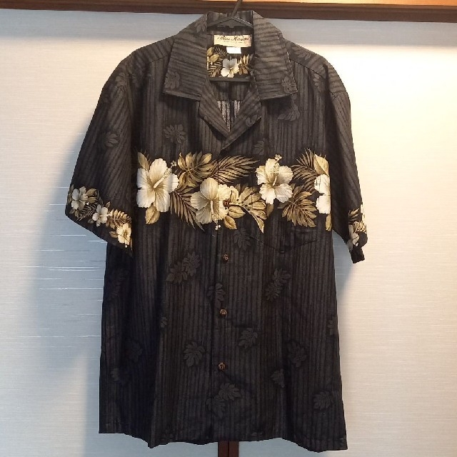 お値引きBlue Hawaii綿アロハシャツ黒灰ストライプ花葉柄M新品未使用 メンズのトップス(シャツ)の商品写真