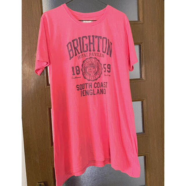 古着 tシャツ ロングtシャツ ロゴ プリント tシャツ ピンク 半袖 tシャツ レディースのトップス(Tシャツ(半袖/袖なし))の商品写真