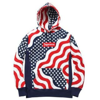 【美品】Supreme ボックスロゴ フーディ 14AW 星条旗 総柄 M