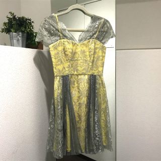 ビーシービージーマックスアズリア(BCBGMAXAZRIA)のビーシービージーマックスアズリア BCBGMAXAZRIA レース 花柄 ひざ丈 ワンピース グレー×イエロー 新品同様(その他)