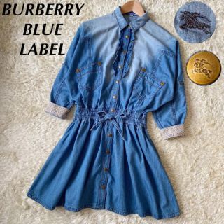 バーバリーブルーレーベル(BURBERRY BLUE LABEL)のバーバリーブルーレーベル 三陽商会 デニムワンピース フリル ホースロゴ 36(ひざ丈ワンピース)