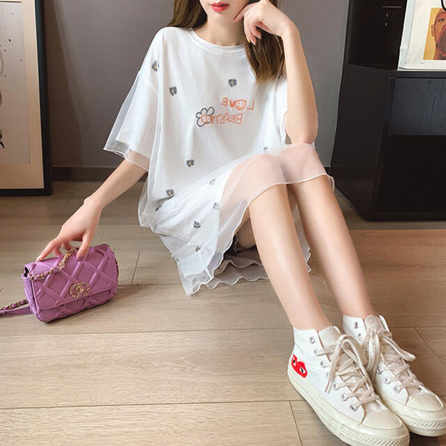 韓国ファッション シースル 花柄 ワンピース　ニコちゃん ワンピ レディースのワンピース(ひざ丈ワンピース)の商品写真