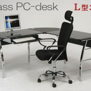 ガラスPCデスク L型　パーソナルデスク　ハイクラスデスク　ブラック(オフィス/パソコンデスク)