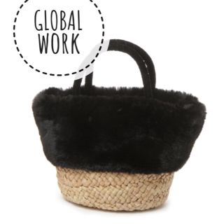 グローバルワーク(GLOBAL WORK)のGLOBAL WORK【美品】異素材MIX リネン×ファー カゴバッグ(かごバッグ/ストローバッグ)