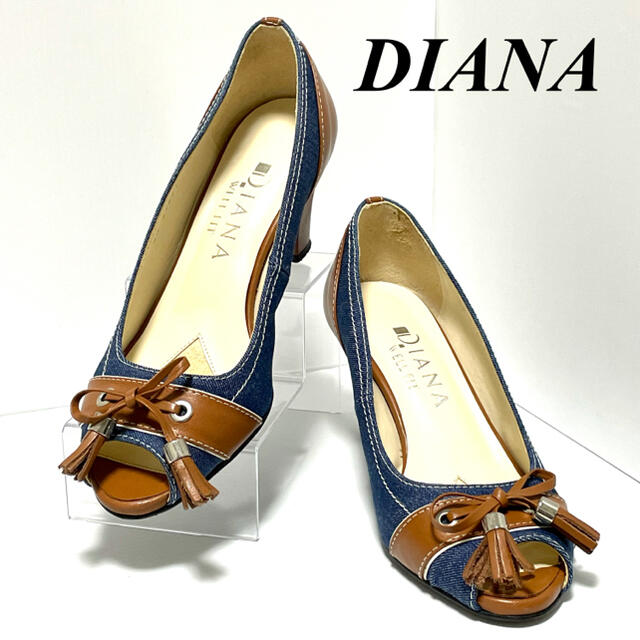 DIANA(ダイアナ)の【超美品❗️】DIANA デニム　レザー　オープントゥパンプス　ヒール　22.5 レディースの靴/シューズ(ハイヒール/パンプス)の商品写真