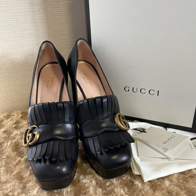 Gucci(グッチ)のグッチ　マーモント　レザー　ヒール　ローファー　パンプス　ブラック　37 レディースの靴/シューズ(ハイヒール/パンプス)の商品写真