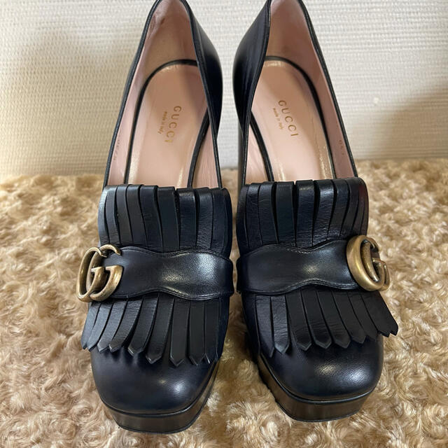 Gucci(グッチ)のグッチ　マーモント　レザー　ヒール　ローファー　パンプス　ブラック　37 レディースの靴/シューズ(ハイヒール/パンプス)の商品写真