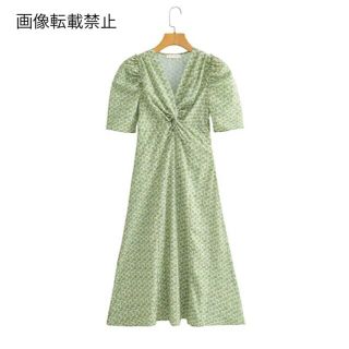 ザラ(ZARA)の🌻7月新作🎋4753◆green グリーン レトロ フラワー 花柄 ワンピース(ひざ丈ワンピース)