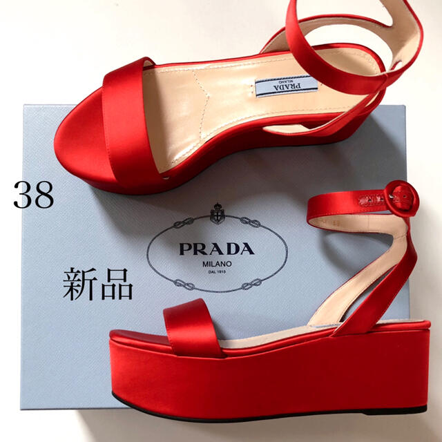 新品/38 PRADA プラダ シルクサテン プラットホーム サンダル レッド靴/シューズ