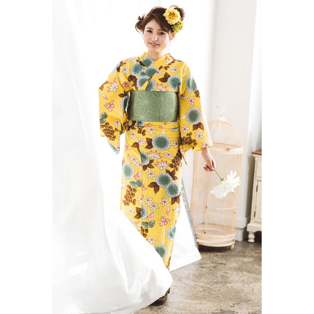 浴衣ジェンヌ からし×茶色×緑 まる菊と小花 レトロで個性的な浴衣 浴衣 ゆかた 2