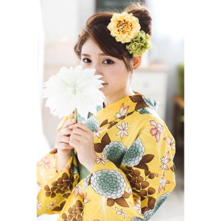 浴衣ジェンヌ からし×茶色×緑 まる菊と小花 レトロで個性的な浴衣 浴衣 ゆかた