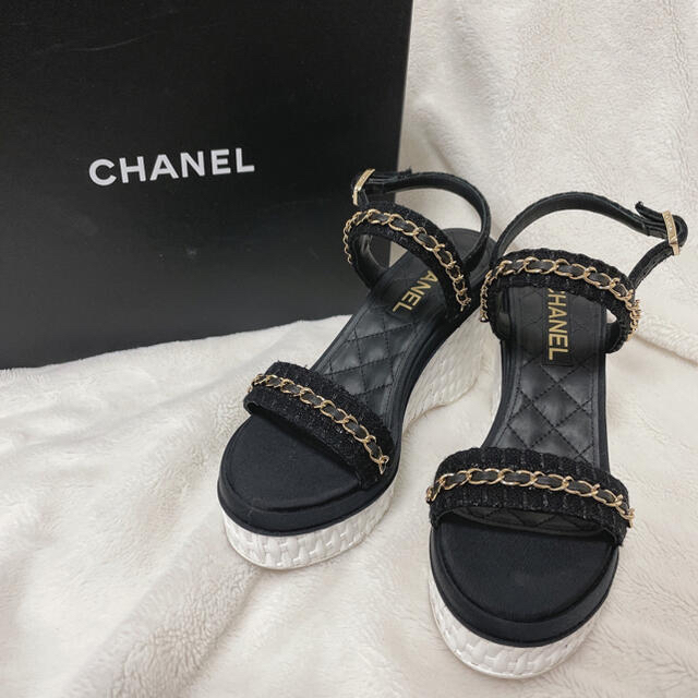 37 CHANEL シャネル　チェーン　ウェッジサンダル　ツイード　ブラック