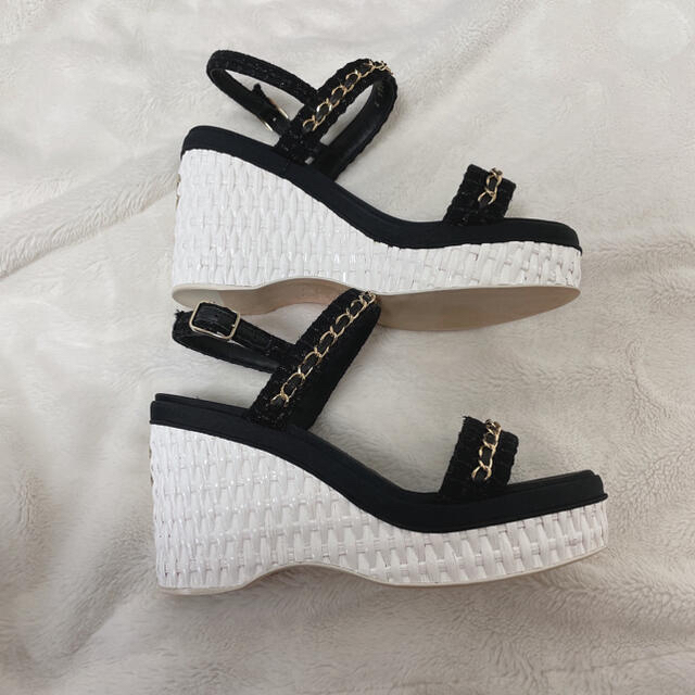 37 CHANEL シャネル チェーン ウェッジサンダル ツイード ブラック 37 CHANEL シャネル チェーン ウェッジサンダル ツイード ブラック