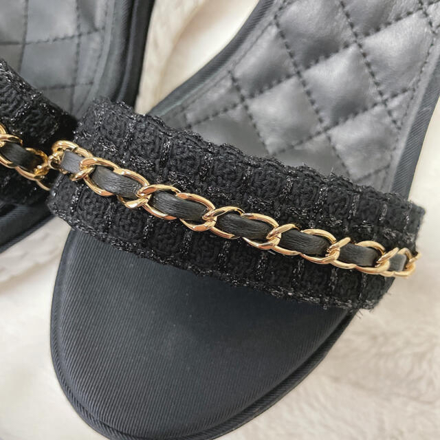 37 CHANEL シャネル チェーン ウェッジサンダル ツイード ブラック 37 CHANEL シャネル チェーン ウェッジサンダル ツイード ブラック