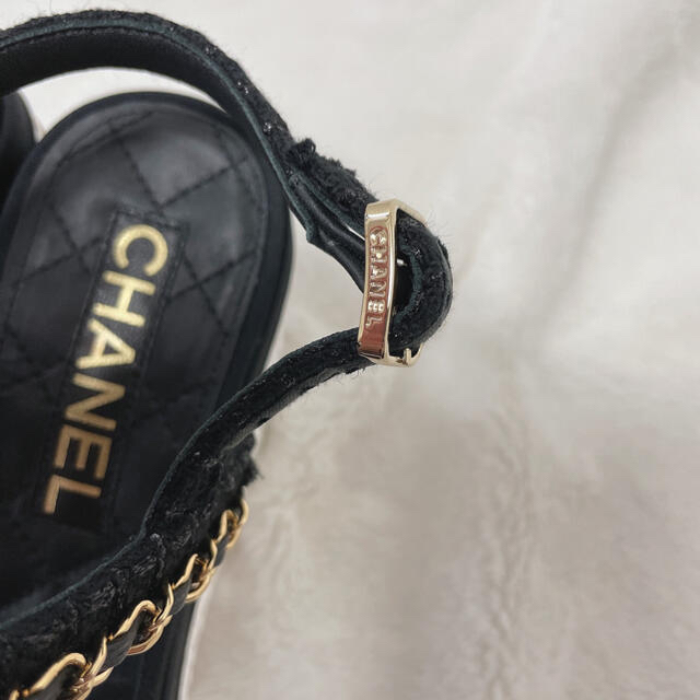 37 CHANEL シャネル　チェーン　ウェッジサンダル　ツイード　ブラック