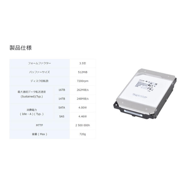 東芝(トウシバ)の東芝　16TB3.5HDD MG08ACA16TE  スマホ/家電/カメラのPC/タブレット(PCパーツ)の商品写真
