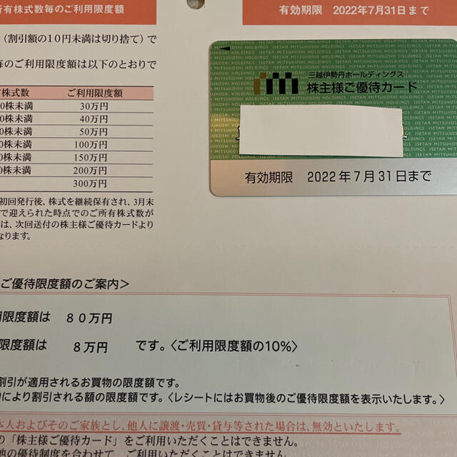 三越伊勢丹ホールディングス 株主優待カード 10%割引 利用限度額200万円優待券/割引券