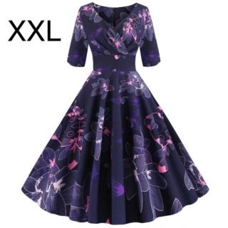 新品☆胸元クロス♪花柄綺麗ワンピース　パープル　ＸＸＬ(ひざ丈ワンピース)