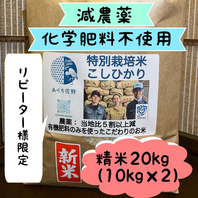 特別栽培米 精米20kg 減農薬 有機肥料 R2年 コシヒカリ 米/穀物 【スーパーセール】