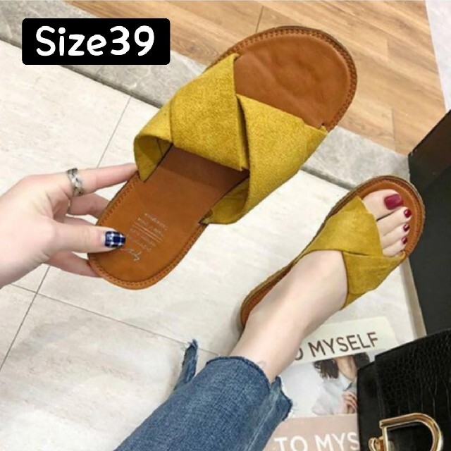 イエロー　Size39♥サンダル ペタンコ スエード調 クロスストラップ レディースの靴/シューズ(サンダル)の商品写真