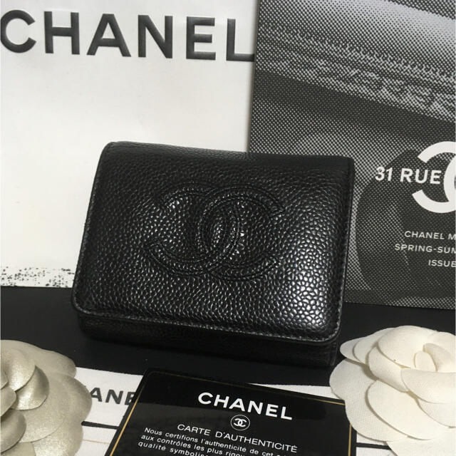 正規品 美品❣️CHANEL シャネル カメリア キャビアスキン 三つ折り 財布