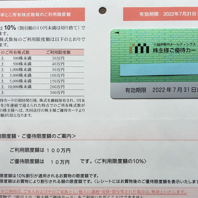 伊勢丹(イセタン)の三越伊勢丹株主優待カード 100万円限度額（割引10万円）未使用 チケットの優待券/割引券(ショッピング)の商品写真