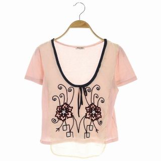 ミュウミュウ(miumiu)のミュウミュウ Tシャツ カットソー 半袖 デザイン S ピンク ベージュ(Tシャツ(半袖/袖なし))