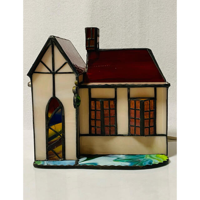 【 美品 】ハウス型ステンドグラスランプ「えんとつのある赤い屋根」テーブルランプ
