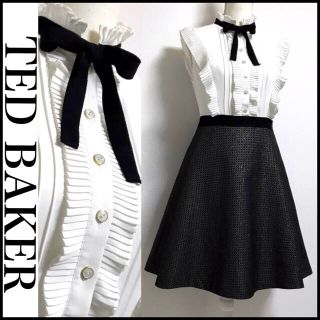 テッドベイカー(TED BAKER)の〖未使用に近い〗 ☆極上生地☆首元フリル・リボン 美シルエットワンピース(ひざ丈ワンピース)