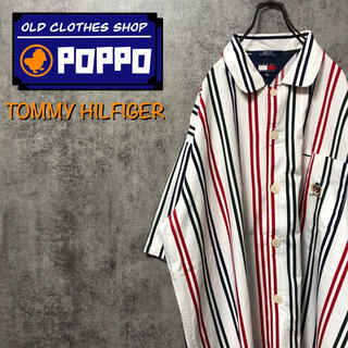 トミーヒルフィガー☆ポケット刺繍ロゴ丸襟半袖マルチダブルストライプシャツ 90s(シャツ)
