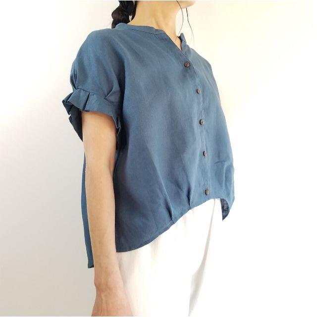 大人気の 可憐な夏のリネンシャツ★タックフリルの袖 インディゴブルー 5L〜7L オーダーメイド