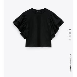 ザラ(ZARA)のZARA フリル付きTシャツ　ブラック　S(Tシャツ(半袖/袖なし))