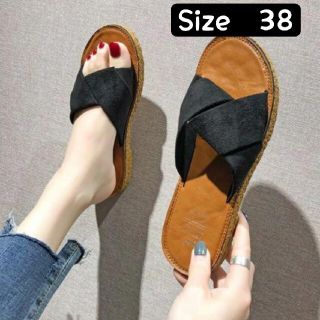 ブラック　Size38♥サンダル ペタンコ スエード調 クロスストラップ(サンダル)