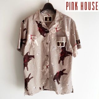 ピンクハウス(PINK HOUSE)の美品 ピンクハウス うさぎ柄オープンカラーギンガムチェックシャツ L トランプ柄(シャツ/ブラウス(半袖/袖なし))