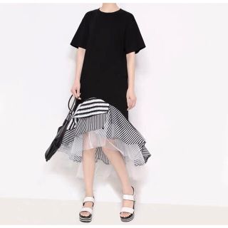 ザラ(ZARA)のインポート裾チュールストライプフリルワンピース黒ボーダーTシャツワンピース韓国服(ひざ丈ワンピース)