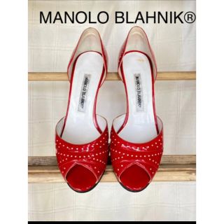 マノロブラニク(MANOLO BLAHNIK)のマノロブラニク　エナメル　パンプス　ローヒール　レッド　23.5㎝(ハイヒール/パンプス)