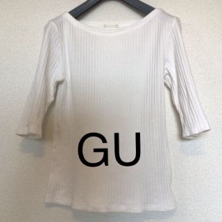 ジーユー(GU)のGU リブボートネックT 5分袖　トップス　カットソー　ホワイト　M(Tシャツ(半袖/袖なし))