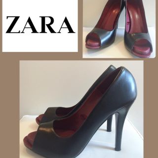 ザラ(ZARA)のZARA♡ブラック レザー オープントゥ パンプス♡(ハイヒール/パンプス)