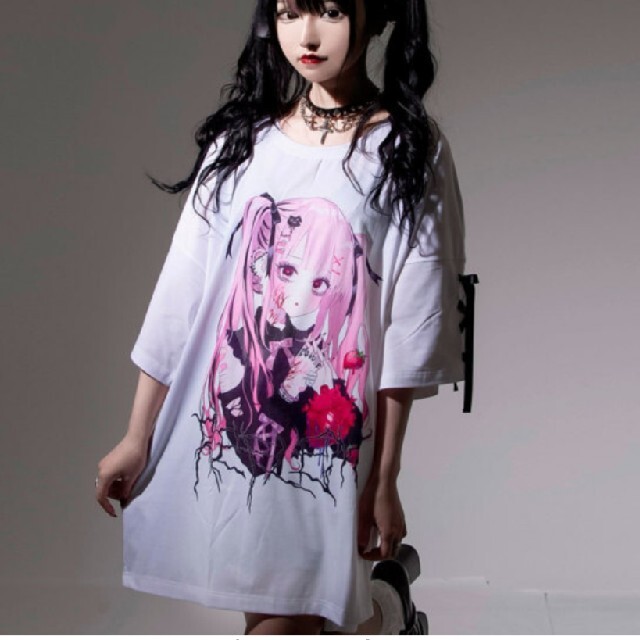 Tシャツ(半袖/袖なし)レフレム????negiコラボ????桃色髪少女袖レースアップTシャツ????白????新品