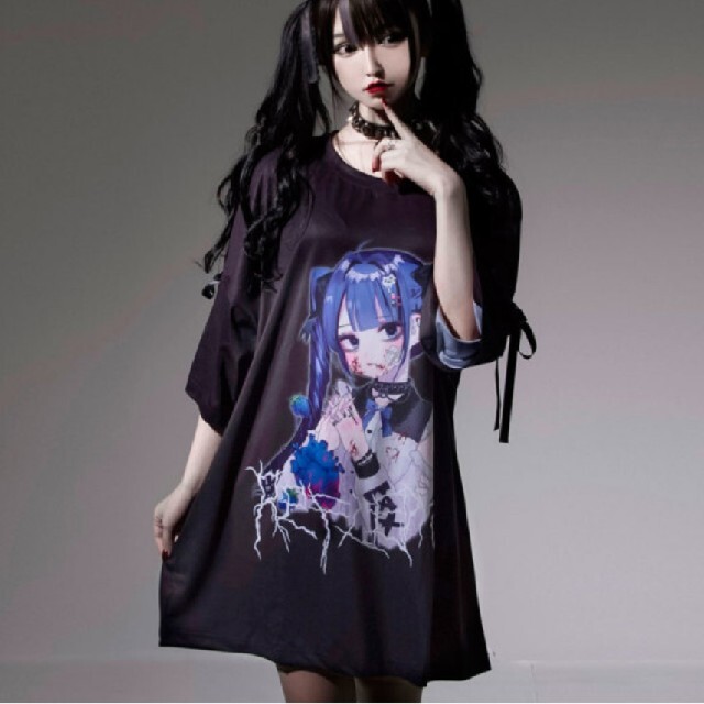 MILKBOY(ミルクボーイ)のレフレム💙negiコラボ💙青髪少女袖レースアップTシャツ💙黒💙新品 レディースのトップス(Tシャツ(半袖/袖なし))の商品写真