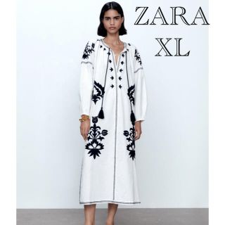 ザラ(ZARA)のZARA ザラ刺繍入りミディ丈ワンピース　刺繍ワンピース　ザラロングワンピース(ロングワンピース/マキシワンピース)