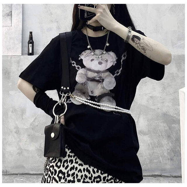 new!! 病みカワ チェーンゴシックベアー グラフィック Tシャツ 黒