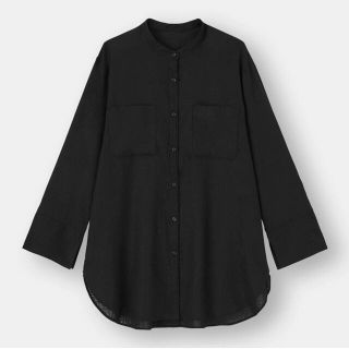 ジーユー(GU)のLサイズ　ブラック　リネンブレンドバンドカラーシャツ(長袖)(シャツ/ブラウス(長袖/七分))