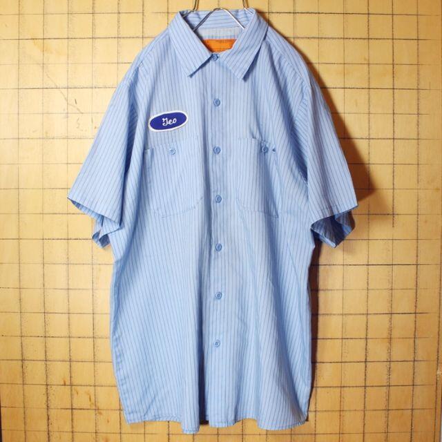 80s USA製REDKAPストライプワークシャツ ブルーLワッペンss91