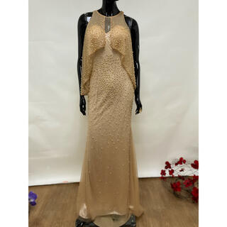 リプシー(Lipsy)の新品　ベージュゴールドドレス　パールデザインロングドレス　重ね着マキシワンピ(ロングドレス)