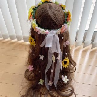 花かんむり♡ひまわり かすみ草ミックス 花ピンセット(ヘッドドレス/ドレス)