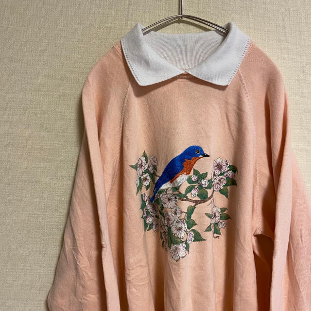 Hanes(ヘインズ)の刺繍 アメリカ製 スウェット 襟付き アニマル 鳥 小鳥 ピンク ヘインズ XL メンズのトップス(スウェット)の商品写真